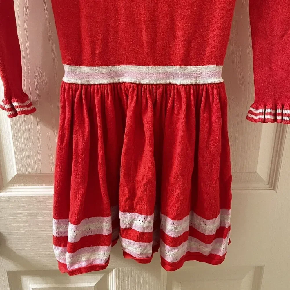 Mini Boden Long Sleeve Sweater Dress Striped Ruffle Neck Cuffs Girls Size 7-8